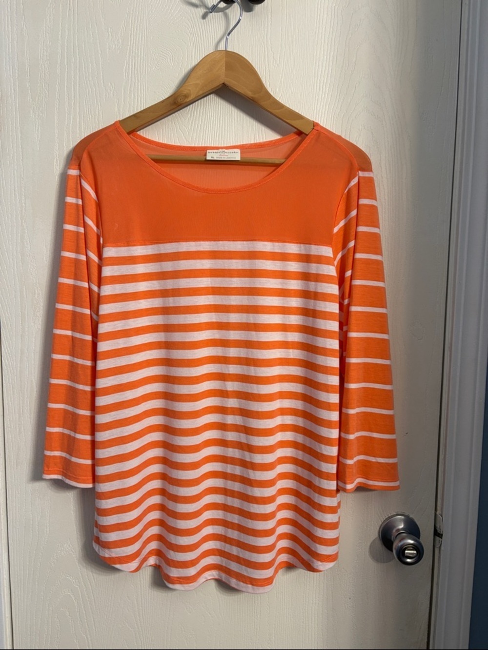Bobbie Brooks Orange and White Striped Boatneck Long Sleeve Top